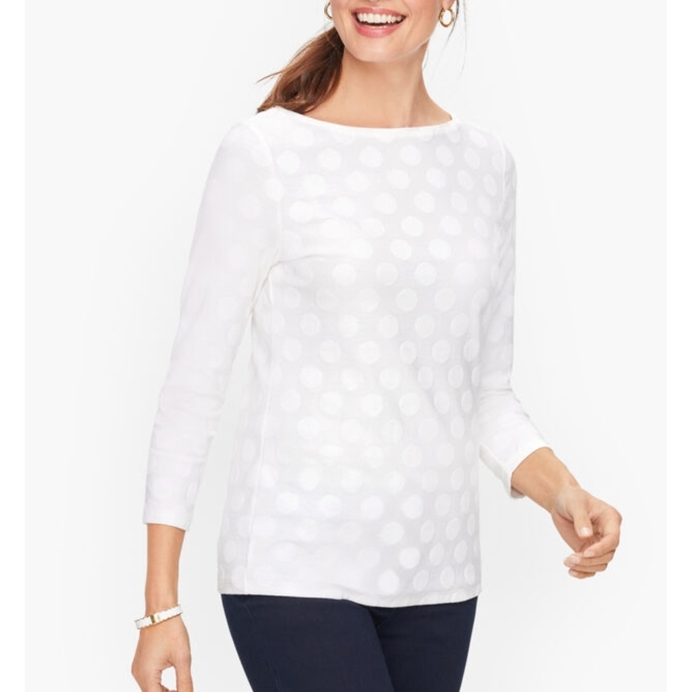 Talbots White Polka Dot Long Sleeve Top